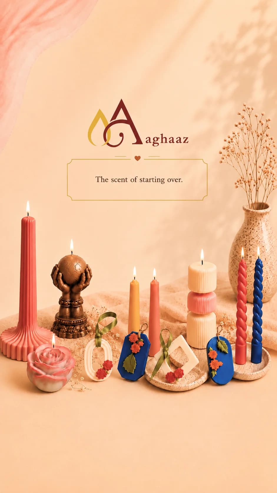 Aaghaaz — The scent of starting over. Hand-poured candles arranged in warm light